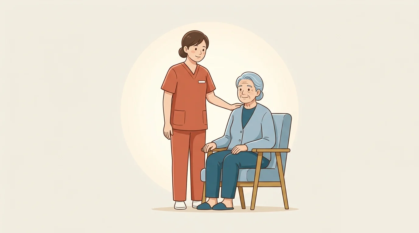 椅子に座る高齢の方にそっと付き添う介護職のイラスト